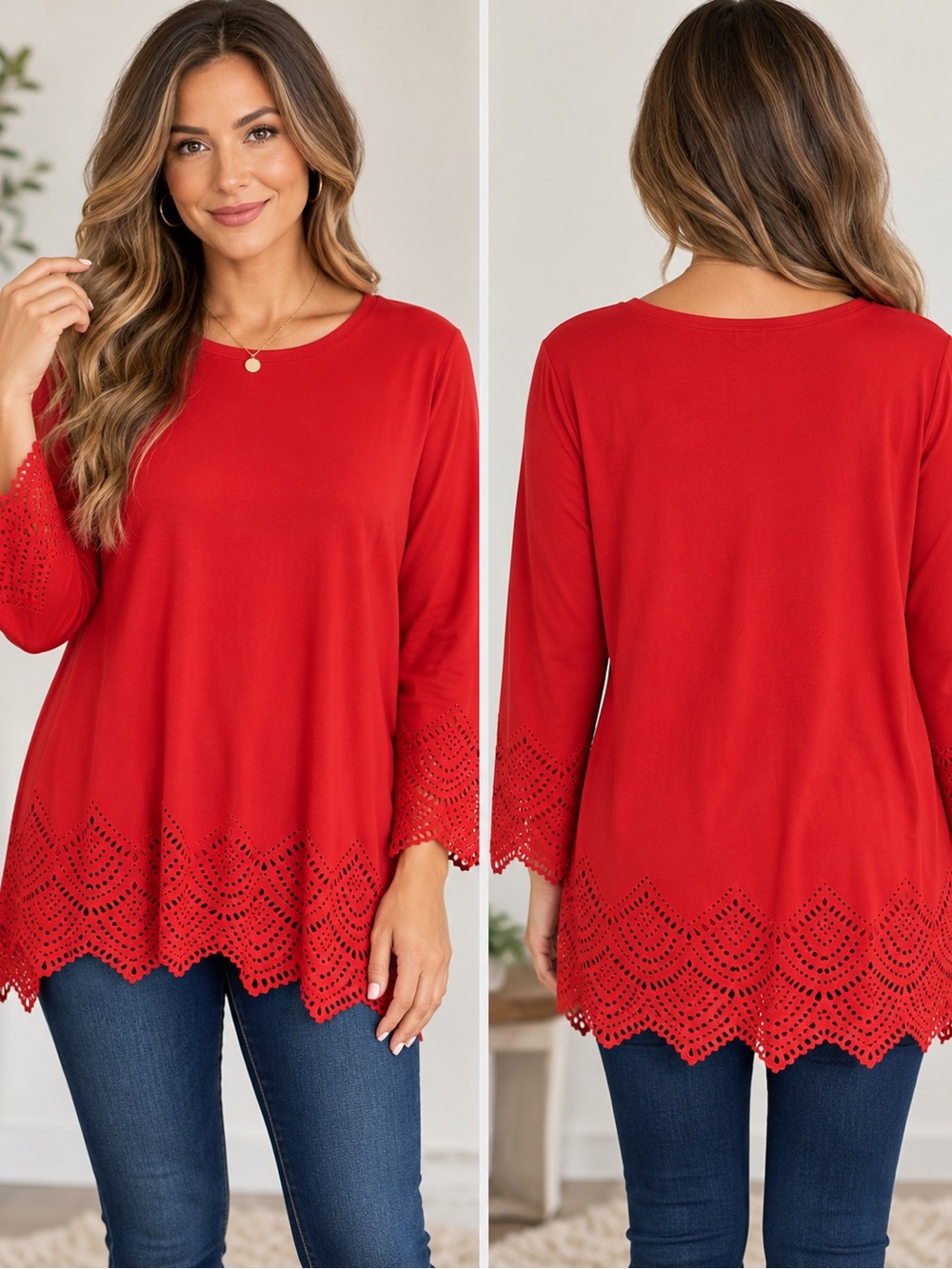 Hannah Red Eyelet Cutwork Hem Long Sleeve Tunic Top XL